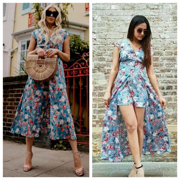 Zara Basic Blue Floral Romper Shorts Jumpsuit Dress M Medium Bloggers Favorite - Picture 1 of 13